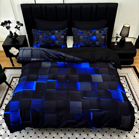 Duvet Cover Set 3 Piece Plaid Digital Print Polyester Bedding All Season Twin Full Queen King Size with Pillowcases Purple Blue Red