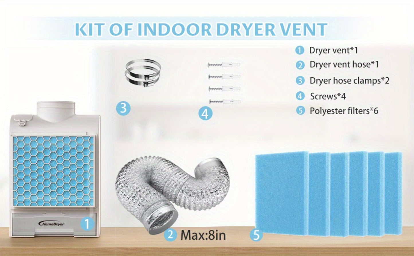 Indoor Dryer Vent Kit 3-in-1 Lint Trap Filter Box Stainless Steel Screen 6 Polyester Filters Reusable Washable Reduces Moisture Prevents
