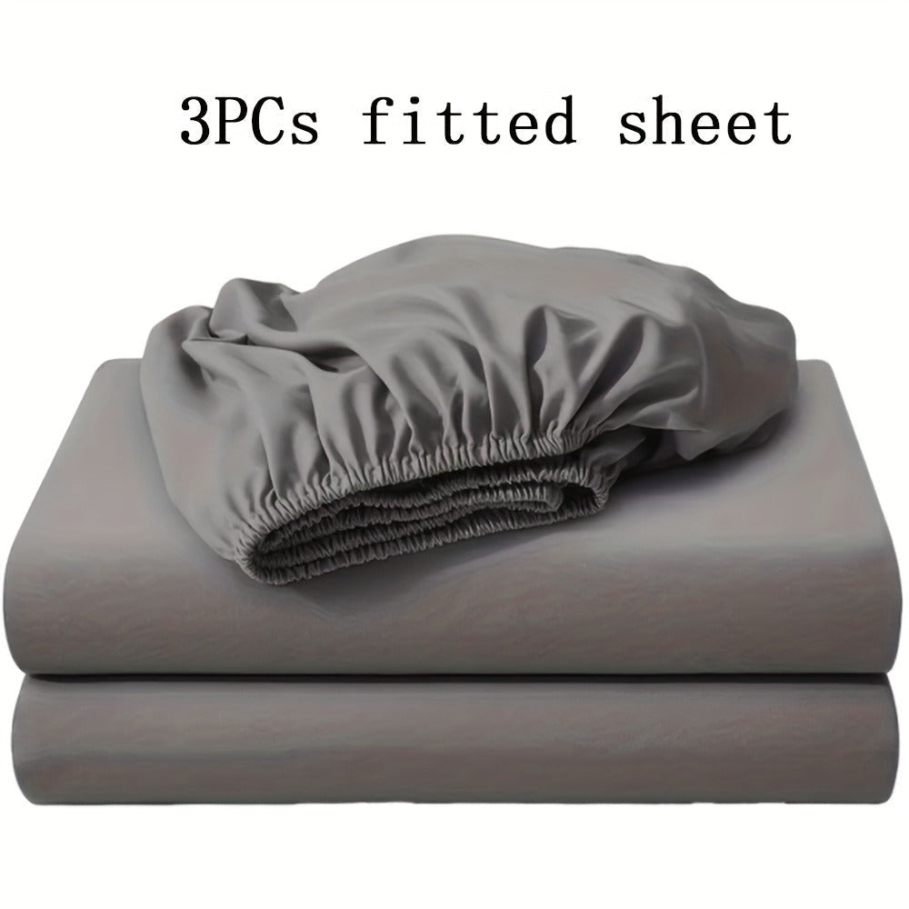 Three-Piece Solid-Color Fitted Sheet Set with Two Pillowcases, Nine Colors and Four Bed Sizes
