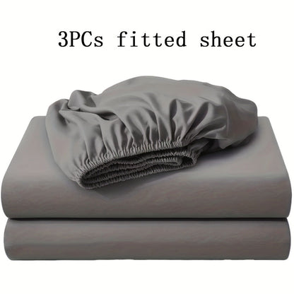 Three-Piece Solid-Color Fitted Sheet Set with Two Pillowcases, Nine Colors and Four Bed Sizes