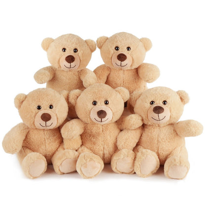 Teddy Bear Bulk Set 5 Pack 8 Inch Small Brown Plush Stuffed Animals with Safe Lock-Washer for Parties, Celebrations and Guest Favors