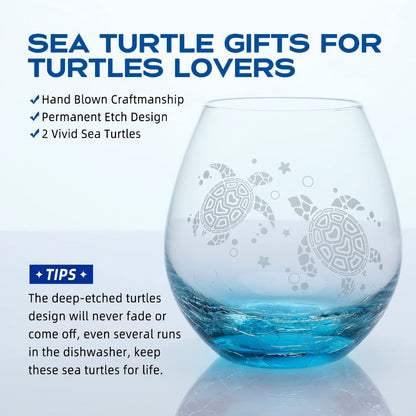 Sea Turtle Wine Glass Hand Etched Stemless 16oz Turquoise Crystal Glass Cup – Unique Wine for Home Cooking, Dining and Outdoor Meals