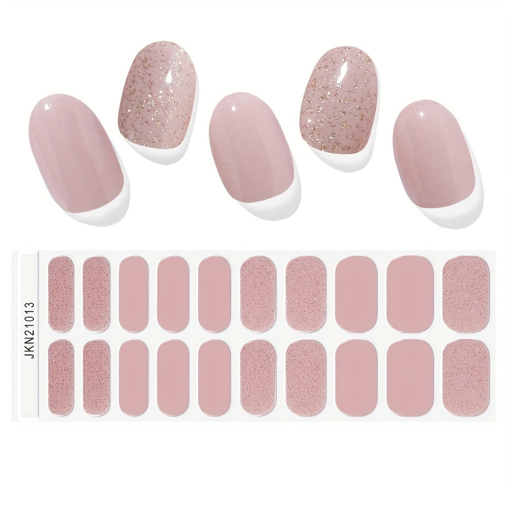 Gel Nail Art Kit Semi-Cured Nail Stickers 20 Designs with Portable UV Lamp Full Coverage Soft Gel Nail Patches Nude Nail Wraps for Women