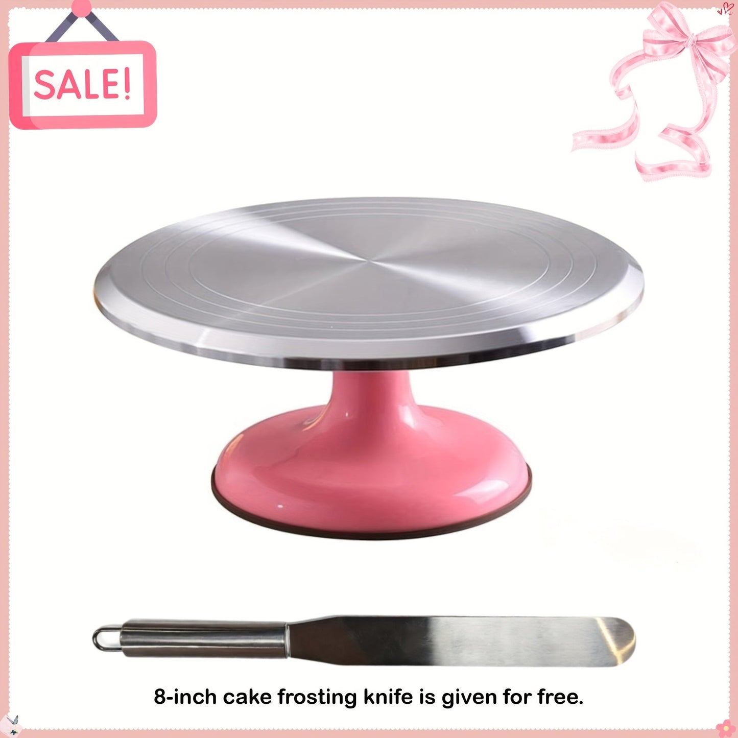 9.84-Inch Rotating Cake Turntable with Frosting Spatula and Pink, Sky Blue or White Base for Decorating