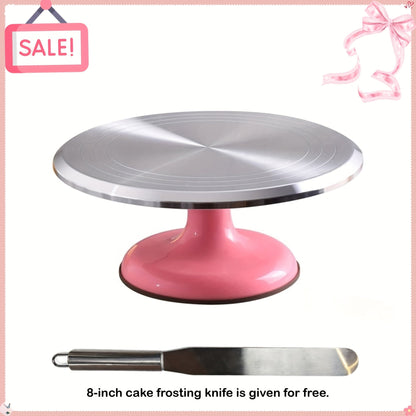 9.84-Inch Rotating Cake Turntable with Frosting Spatula and Pink, Sky Blue or White Base for Decorating