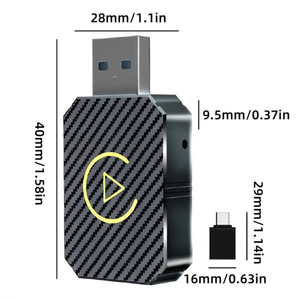 Mini Wired-to-Wireless CarPlay Adapter with USB-A Plug and USB-C Adapter in USB Set Pictured