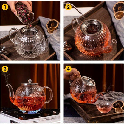 Vintage Glass Teapot 50oz 1500ml with Removable Infuser Stovetop Safe Borosilicate Tea Kettle for Entryways, Bedrooms and Living Spaces