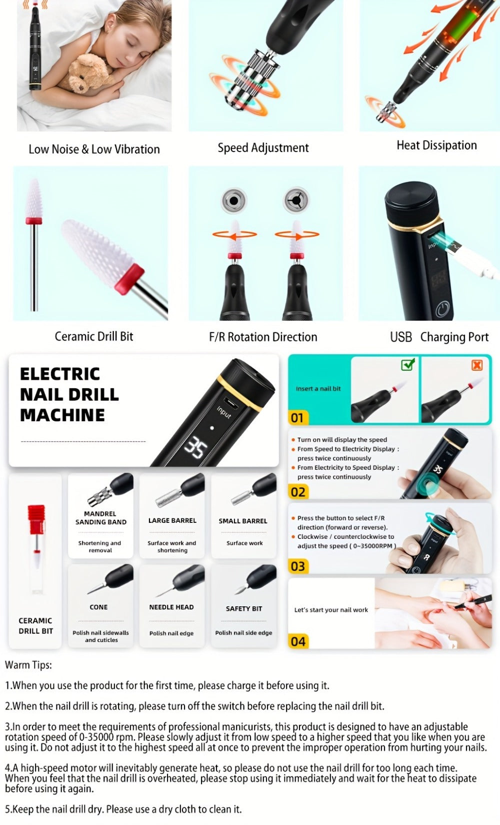 Electric Nail Drill 35000 RPM Rechargeable Pen with Digital Display, Forward Reverse and Three Colors