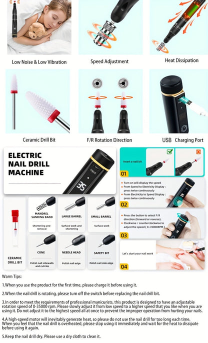 Electric Nail Drill 35000 RPM Rechargeable Pen with Digital Display, Forward Reverse and Three Colors
