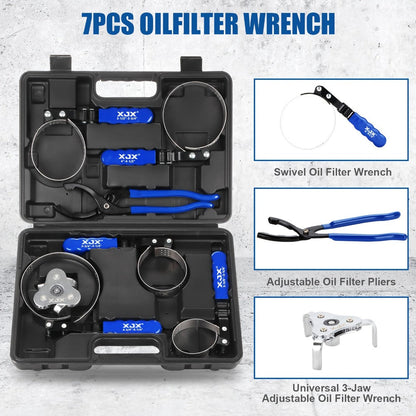 Oil Filter Wrench Set 7 Pcs – Swivel Oil Filter Removal Tool 2-3/8" to 5-1/4" (60-133mm), 12" Adjustable Pliers with 1/2" to 3/8" Adapter