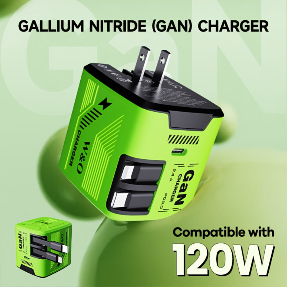 Dual Cable GaN Charger 120W with Built-In 47in Type-C & Lightning Retractable Cables, Foldable Plug – Tangle-Free Fast Charging USB-C Wall