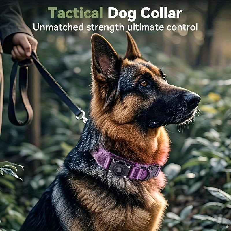 Tactical Dog Collar with Handle and Round Tracker Holder Case in Nine Colors and Sizes M to XL