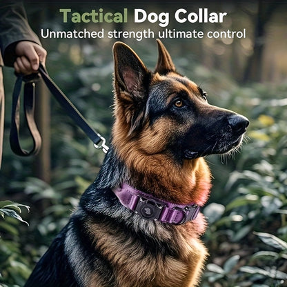 Tactical Dog Collar with Handle and Round Tracker Holder Case in Nine Colors and Sizes M to XL