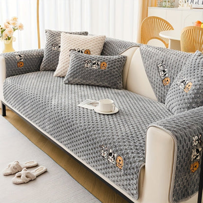 Sofa Cover, Honeycomb Velvet Animal-Embroidered Couch Pad with Backing Detail in Three Colors