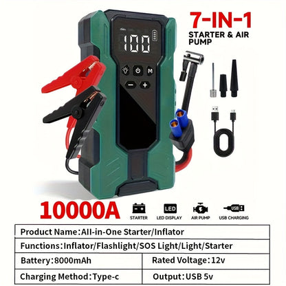 10000A Car Jump Starter with 12V Clamps, LED Light and Optional Integrated Air Pump in Red, Green or Gray