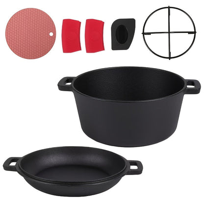 Cast Iron Dutch Oven Set 5.1QT & 7QT with Skillet Lid – Pre-Seasoned 2-in-1 Cookware for Stovetop, Induction, Oven, Campfire & BBQ