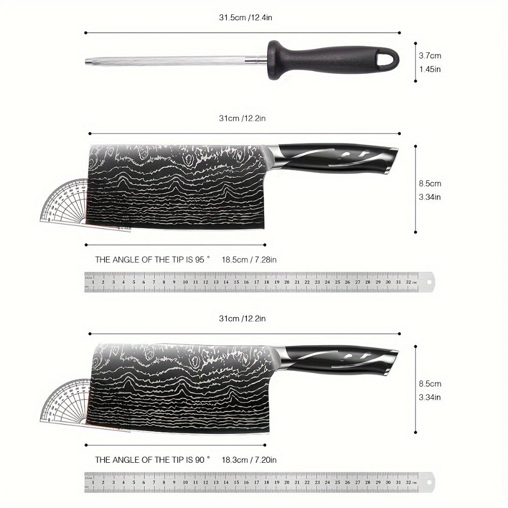 Kitchen Knife Set 7-Piece Damascus-Pattern Stainless Steel with Four Knives, Shears, Honing Rod and Rotating Block