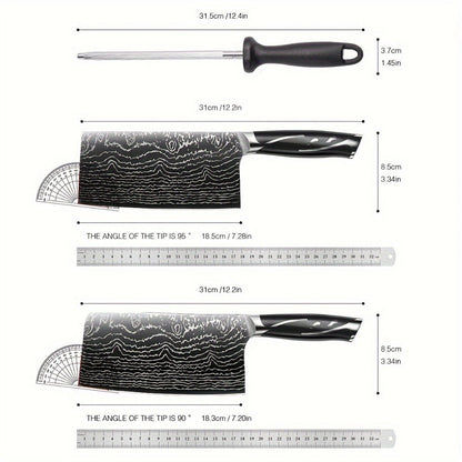 Kitchen Knife Set 7-Piece Damascus-Pattern Stainless Steel with Four Knives, Shears, Honing Rod and Rotating Block