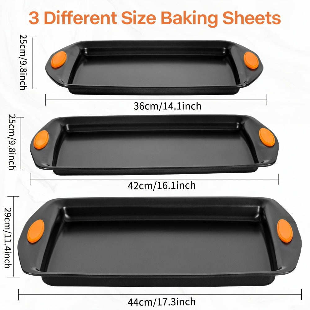 Nonstick Baking Sheet Set with Silicone Handles, Carbon Steel Cookie Sheet Pan Set in Assorted Sizes