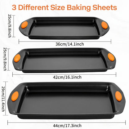 Nonstick Baking Sheet Set with Silicone Handles, Carbon Steel Cookie Sheet Pan Set in Assorted Sizes