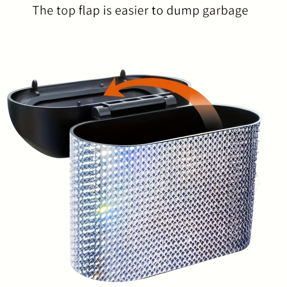 Rhinestone Push-Lid Car Trash Bin with Two Liner Bags, Black or Silver Finish and 16 cm Width