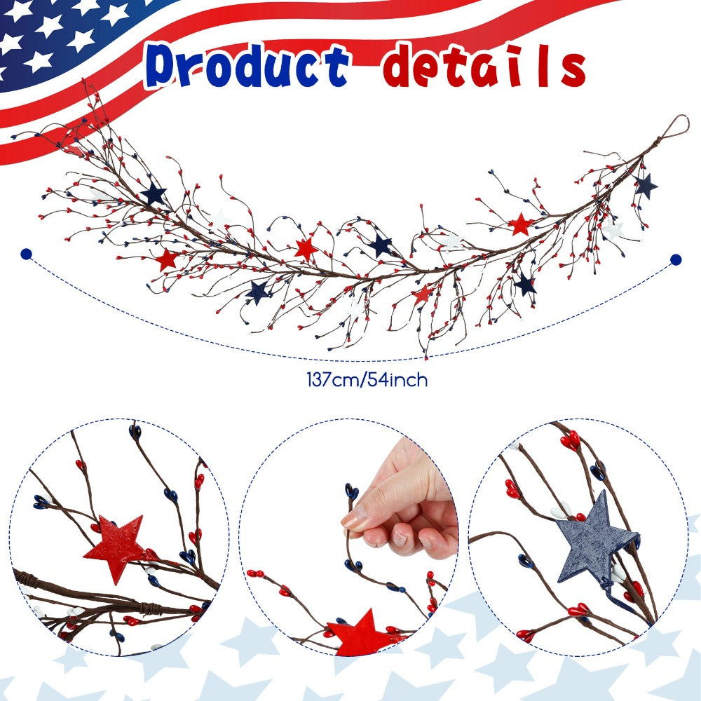4th of July Garland with Fairy Lights 4.5Ft Patriotic Red White Blue Garland for Entryways, Bedrooms and Living Spaces