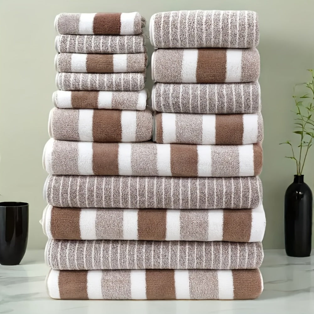 Towel Set 9 or 15 Piece 320GSM Coral Fleece Striped Mix in Five Solid or Mixed Colors for Home and Guest Use