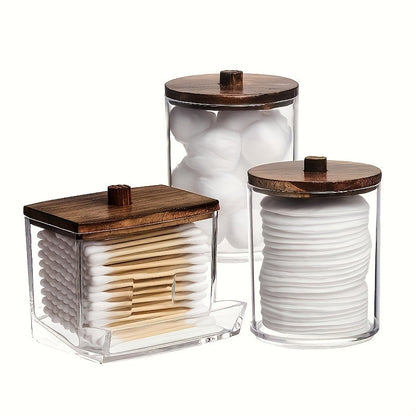 Three-Jar Clear Glass Storage Set with Two Round Jars, One Square Jar and Dark Bamboo-Look Lids