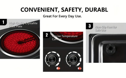 Electric Infrared Cooktop Double Burner Hot Plate, 1800W Portable Dual Temperature Control, Easy-Clean Smooth Surface