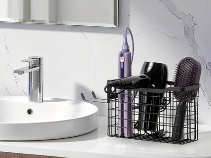 Hanging Hair Tool Organizer with Adjustable Mounting Height, Wire Basket and Black or White Finish