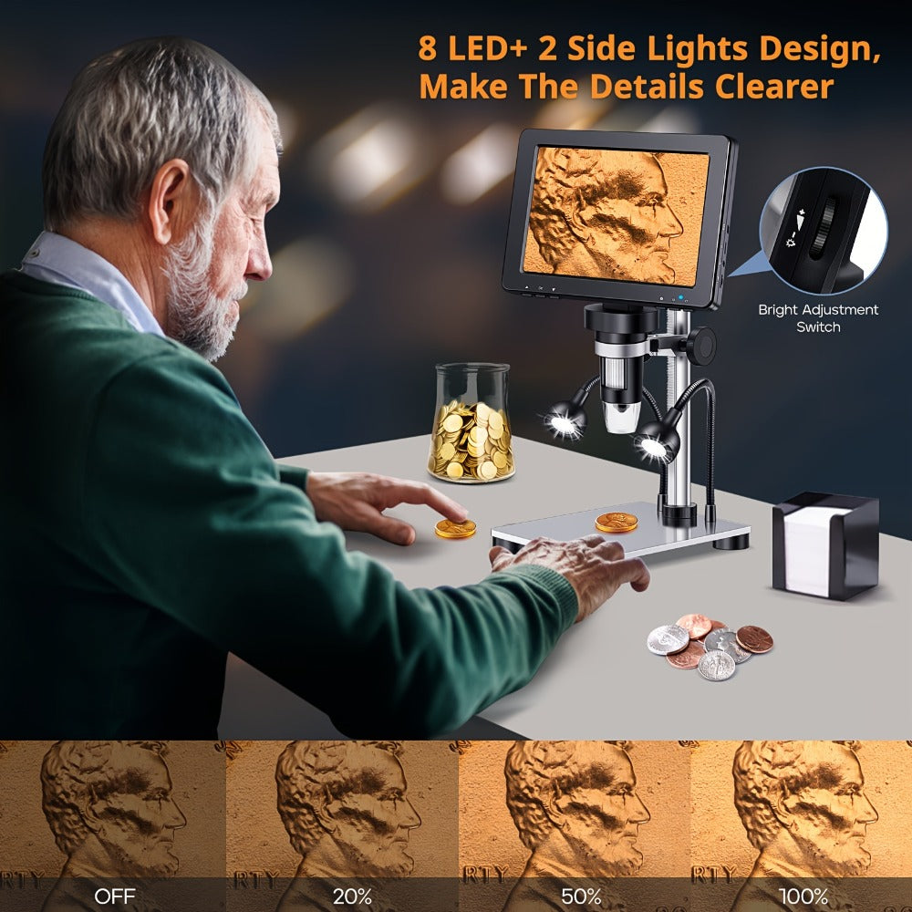 7 Inch LCD Digital Microscope 1200X Magnification, DM9 Coin Microscope 12MP Camera, 8 LED Lights, 32GB Card, Windows Compatible, USB Wired