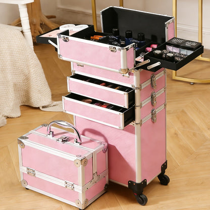 Rolling Makeup Case Aluminum 4-in-1 Extra Large Professional Cosmetic Trolley with 360° Swivel Wheels for Makeup Artist Tattoo Artist Salon