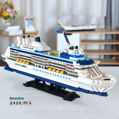 Cruise Ship Building Block Model with 2, 428 Pieces, Display Stand, Support Frame and Detailed Deck Features