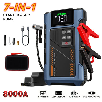 8000A Jump Starter with Air Compressor – 12V Portable Jump Box for Gas & Diesel Cars, USB Ports & LED Flashlight | Up to 8.0L Gas & 6.5L