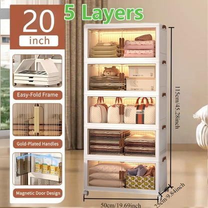 Folding Storage Cabinet 1-6 Tier Collapsible Stackable Organizer with Wheels and Lids – Extra Large Foldable Storage Locker for Closet