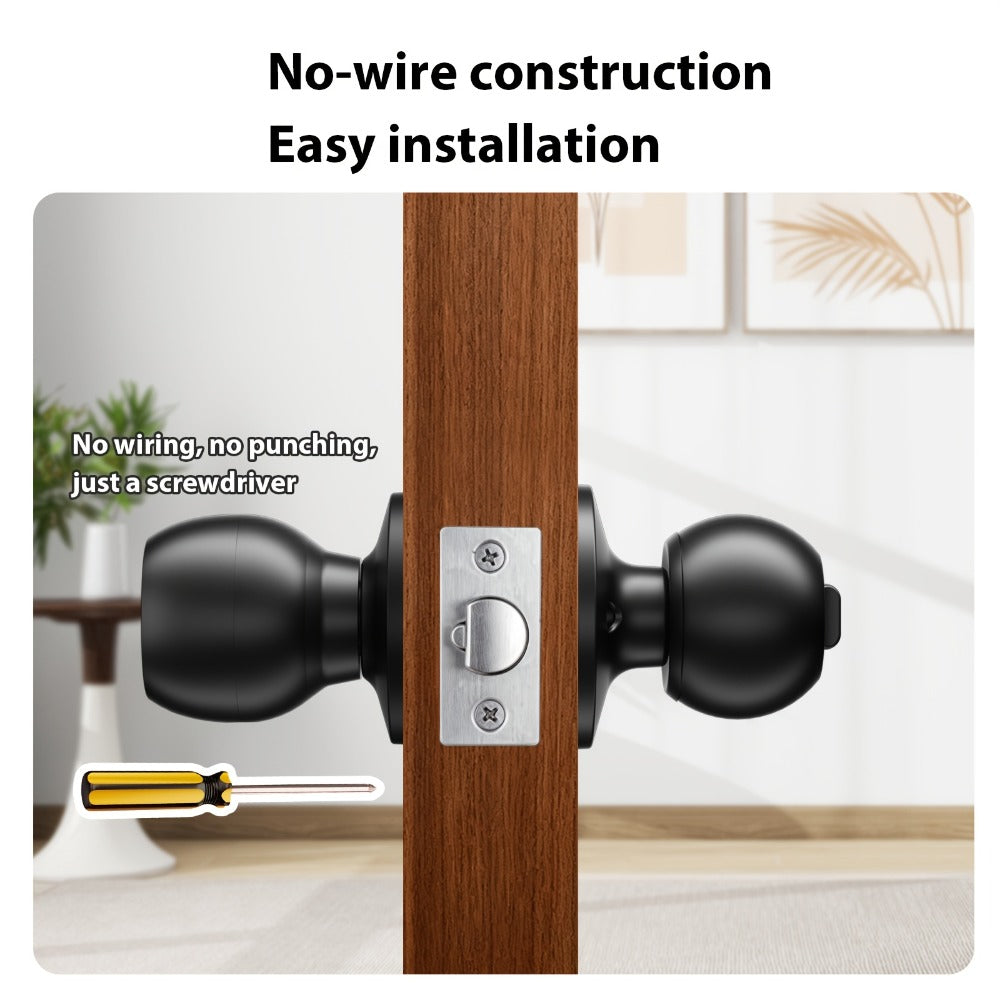 Smart Door Lock Tuya Smart Life Round Knob with Fingerprint App and Mechanical Key Access in Black