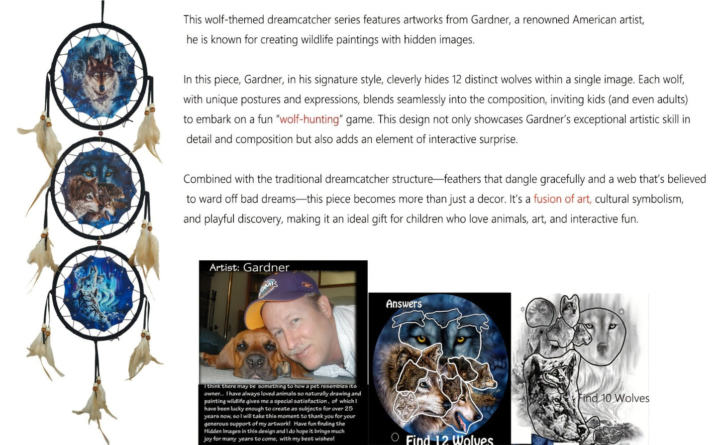 Wolf Dream Catcher Wall Decor with Three Printed Circles, Beads and Feather Accents in Two 6-Inch Styles