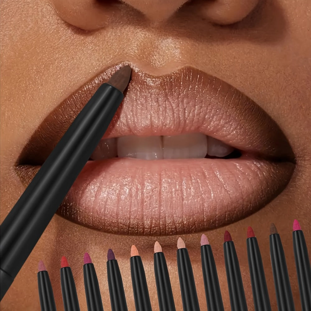 Waterproof Lip Liner Pencil Set 12 Pieces Multi-Functional Lip Eye & Brow Liner, for Makeup, Travel and Everyday Vanity Use