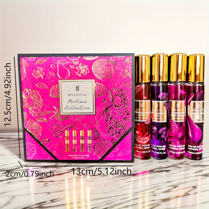 Perfume Gift Set MYSTICAL Four 20ml Eau de Parfum Spray Bottles with Gold Caps in Pink Floral Box