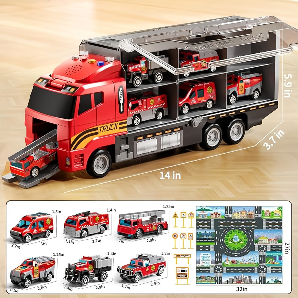 Fire Truck Toy Set for Kids Ages 3-6, Die-Cast Metal Carrier Truck with Play Mat, Emergency Vehicle Collection
