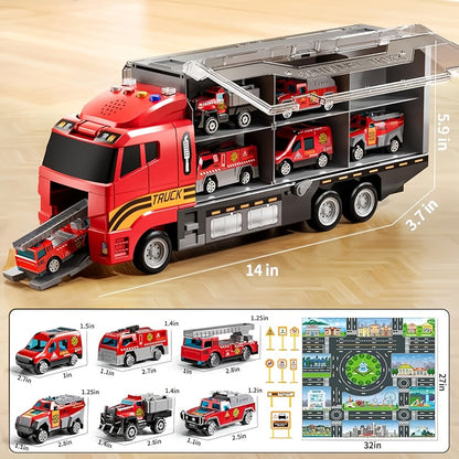 Fire Truck Toy Set for Kids Ages 3-6, Die-Cast Metal Carrier Truck with Play Mat, Emergency Vehicle Collection