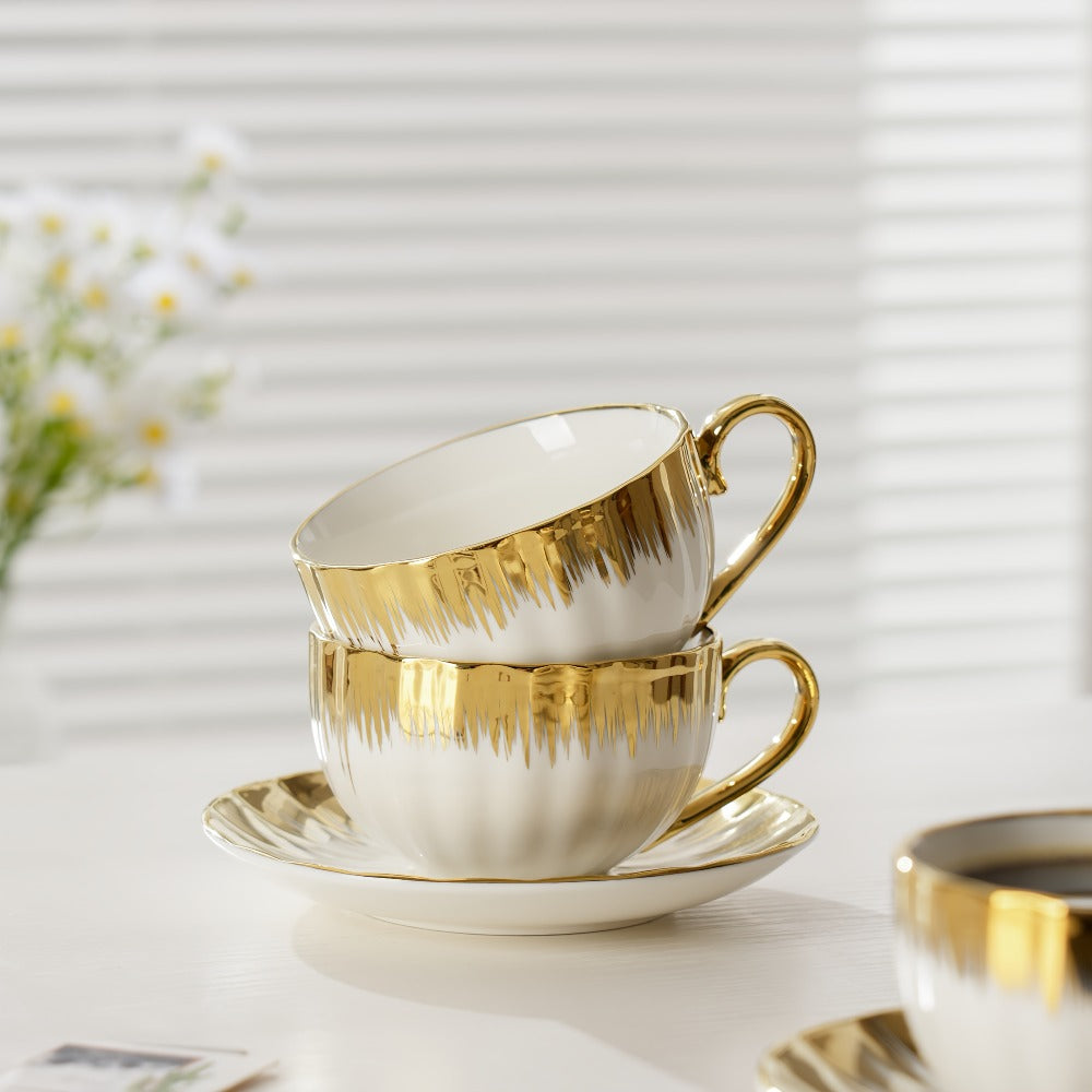 European Ceramic Coffee Cup and Saucer Set of 6 – Light Luxury 8.45oz Porcelain Tea Cups with Plates | Elegant Floral Dinnerware for Wedding