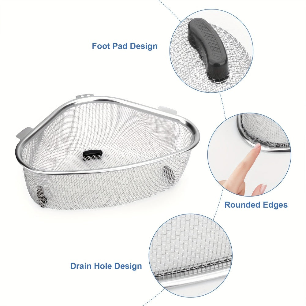 Stainless Steel Sink Strainer Basket 304 Grade Triangular Space-Saving Design, Dual-Use Stand & Hang