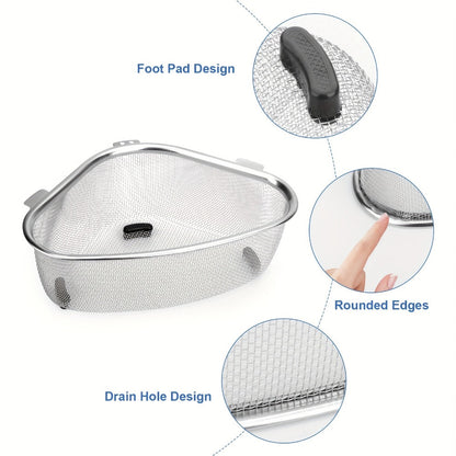 Stainless Steel Sink Strainer Basket 304 Grade Triangular Space-Saving Design, Dual-Use Stand & Hang
