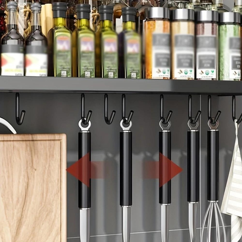 Wall-Mounted Kitchen Organizer with Two Storage Tiers, Knife Slots, Chopstick Cup and Towel Bar