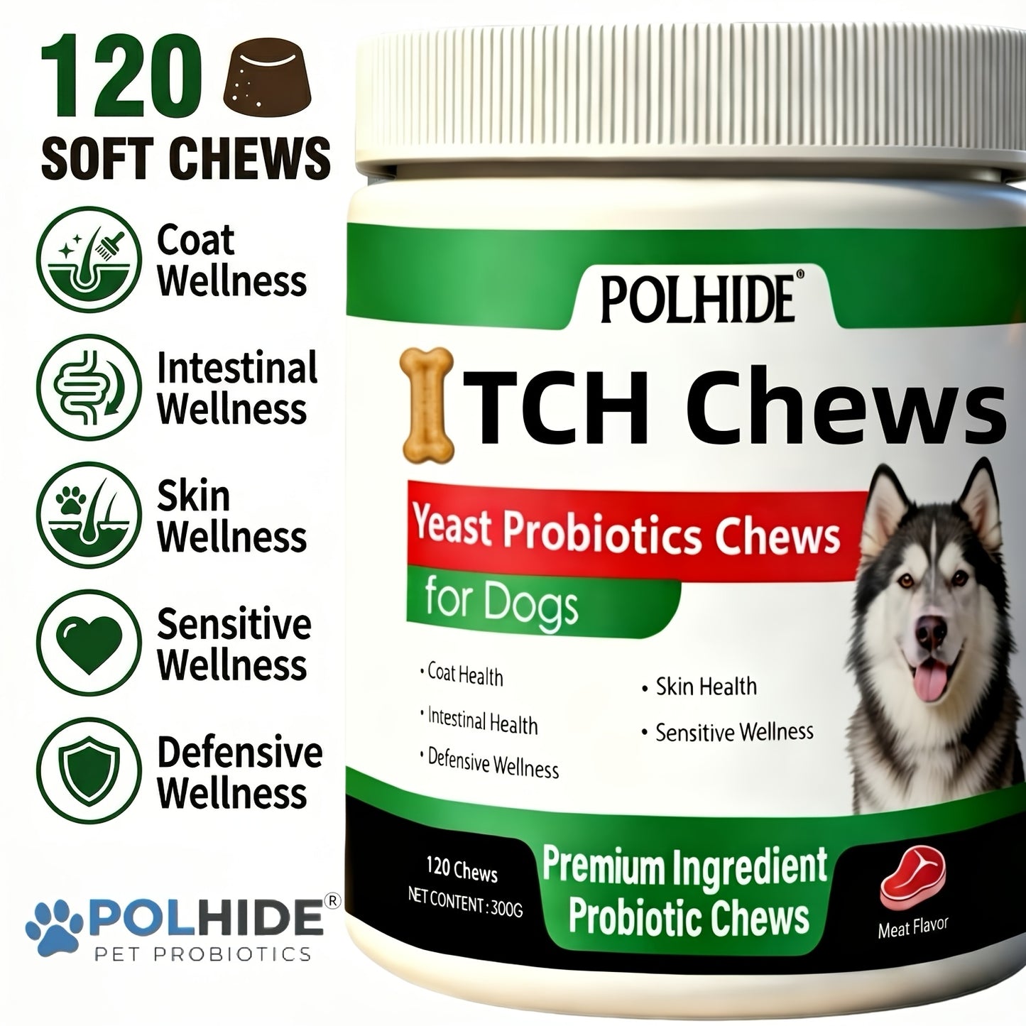 Dog Probiotic Chews 120 Count Heart-Shaped Soft Chews with Yeast & Meat Flavor | Supports Gut Health Coat & Immunity | All Breeds All Ages |