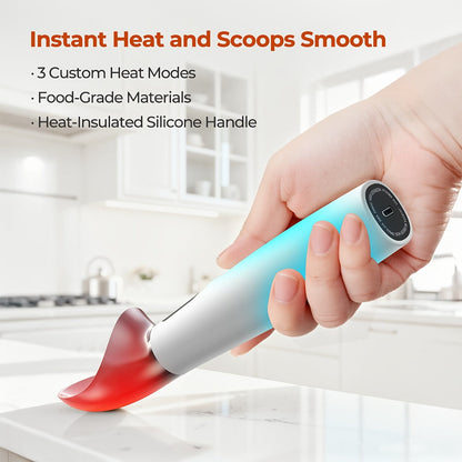 Electric Heated Ice Cream Scoop USB-C Rechargeable with 3 Temperature Settings 120°F 140°F 160°F IPX7 Handle Gift for Ice Cream Lovers