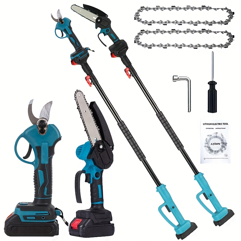 Pole Saw Set with Electric Chainsaw, 6-Inch Cordless Pruner, Long-Handle Scissor Kit, Safety Lock for Tree Pruning & Landscaping