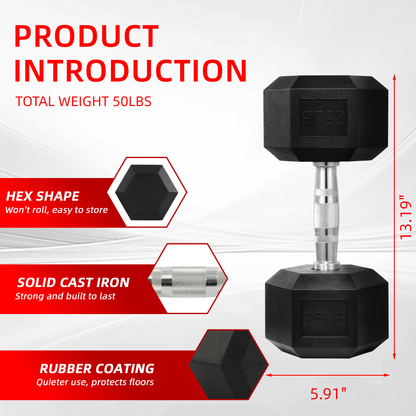 Rubber Hex Dumbbell Set – Solid Cast Iron, Hexagonal Anti-Roll Design, Chrome Ergonomic Handle, Non-Slip Grip