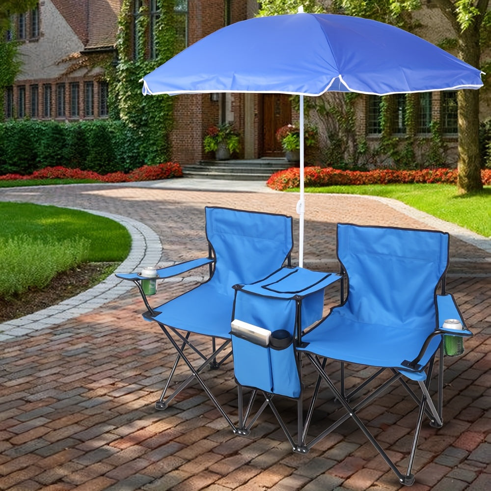 Folding Fishing Chair with Sun Umbrella – 2-Seat Portable Outdoor Chair, Iron Alloy Frame & Oxford Fabric, Built-In Storage Bag & Carry Bag